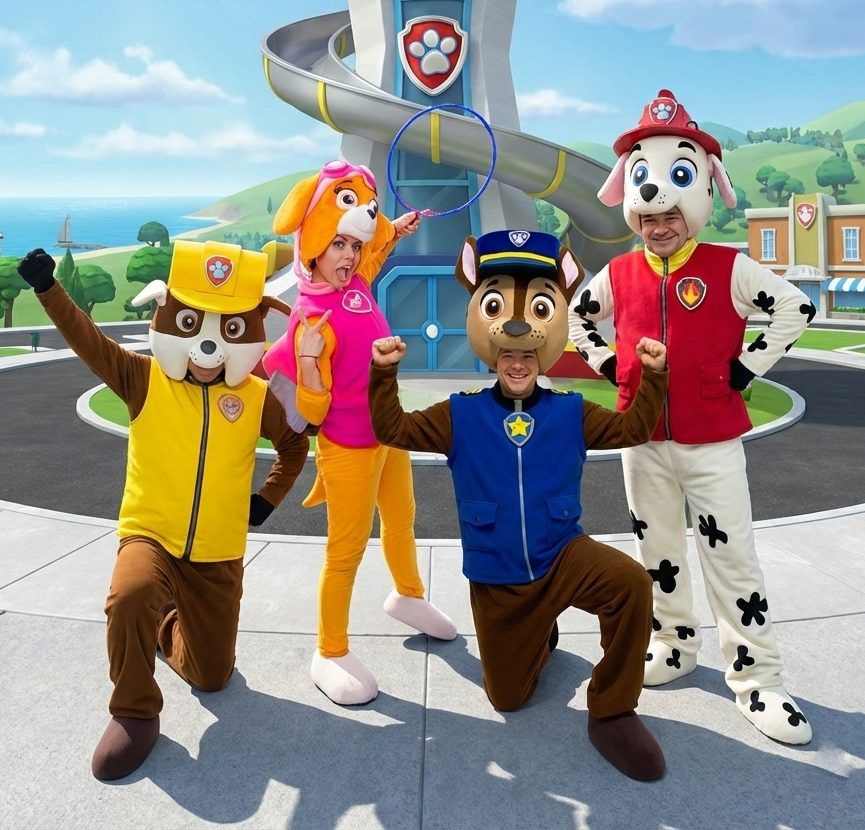 Аниматоры Скай, Маршал, Гонщик и Крепыш из Щенячьего патруля на детском празднике в Одессе
