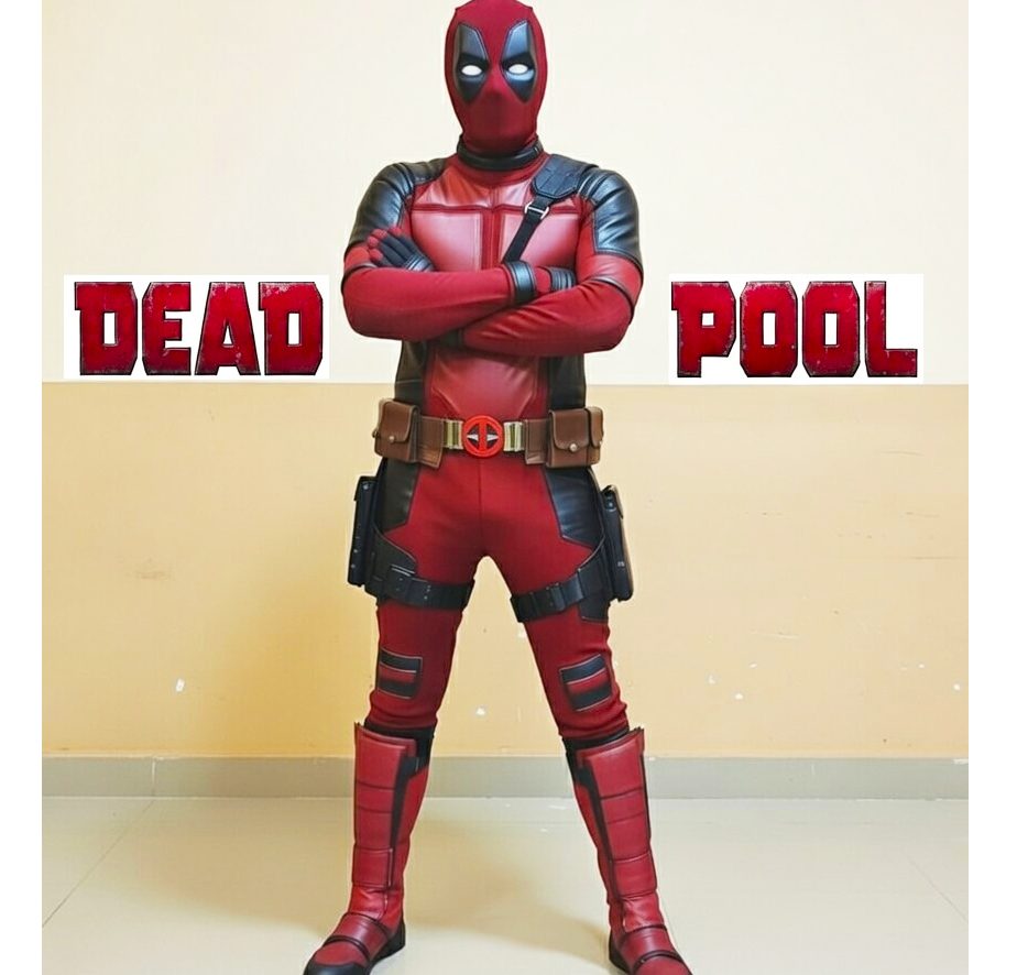 Аниматор в костюме Дэдпула на детском празднике с детьми, активная игровая программа